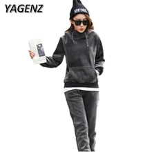 YAGENZ 2017 New Winter 2 piece Set Women Sporting Suits Gold velvet Plus velvet Loose Hooded