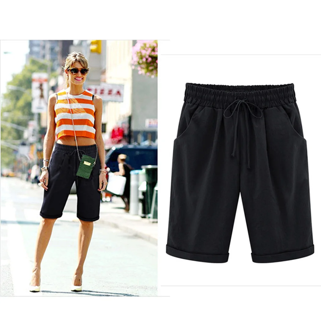 

2018 Summer Plus Size Pants With Pockets Women Wide Leg Pants Linen Elastic Waist Beach Ladies Loose Short Trousers New