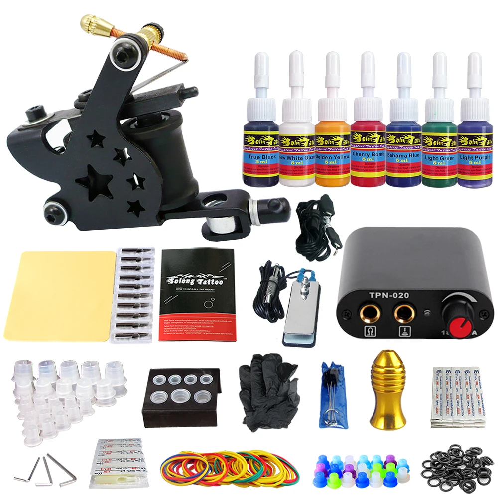 

Stigma 1 Professional Gun Tattoo Kit Power Supply Needle Grips tip 7 color ink set TK105-41