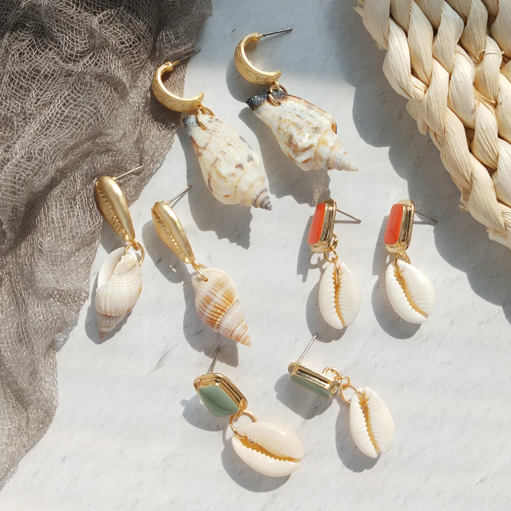 

JOUVAL Summer Vintage Conch Shell Drop Earrings Women Real Shell Earring Hanging Acrylic Gold Metal Eardrop Earings 2019 Jewelry