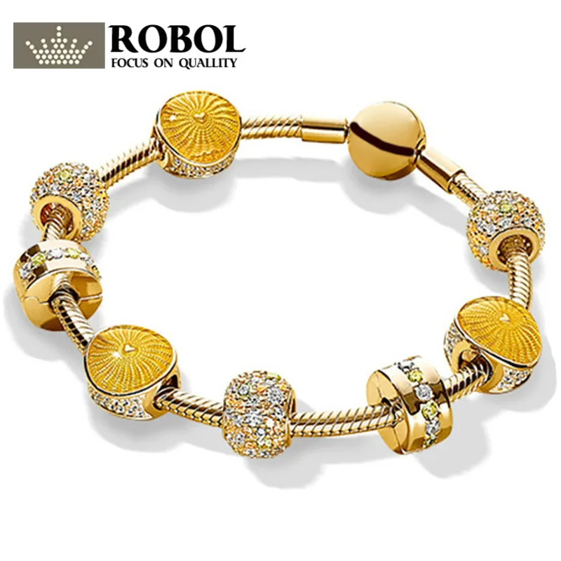 

ROBOL 100% 925 Sterling Silver Brand New Bracelet Set Glitter Charm Sunlight Sunshine Bracelet Bracelet Set For DIY Gifts