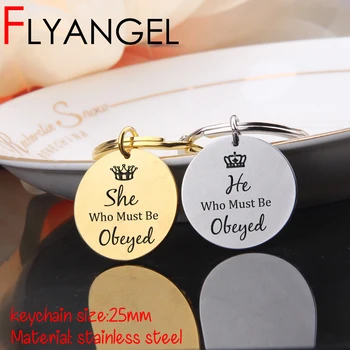 

FLYANGEL Fashion Keyring Engraved Crown She & He Who Must Be Couples Lover Key Chain Jewelry Gifts High Quality Bag Charm