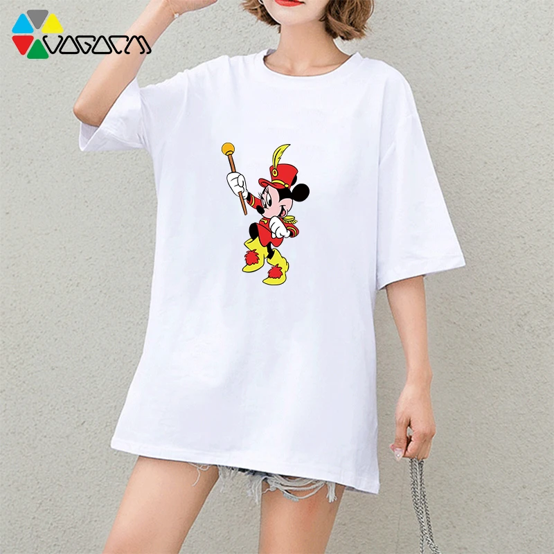 

Women Short Sleeve Casual Loose Mickey Mouse Cartoon Print Harajuku Tee Black White Plus Size Clothes Medium Long T Shirt Wear
