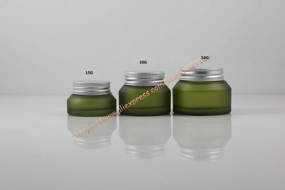 50g olive green frosted glass cream jar with matte silver aluminum lid