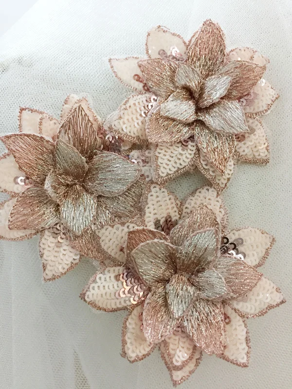 

10pcs/lot 7cm 2.75" width apricot sequins embroidered lace appliques patches G26R165P0124T