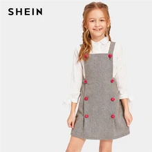 SHEIN Kiddie/серое платье с двумя пуговицами и узором в елочку; элегантное платье; Одежда для девочек; коллекция года; сезон весна; корейские Детские платья без рукавов