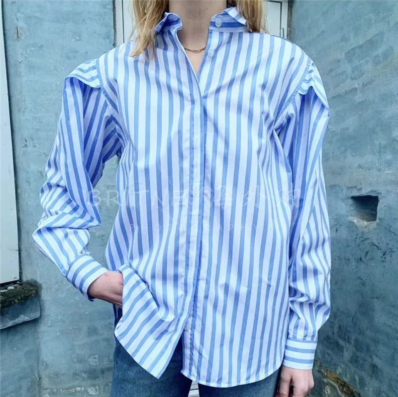 

2019 Spring and Summer New Women's Silhouette Shoulder Sleeve Design Blue Striped Shirt Blouse Women