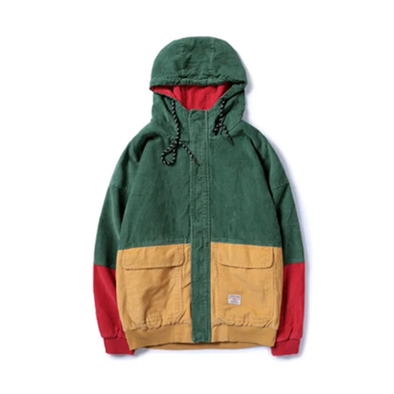 

Hip Hop Hoodie Loose Jacket Men Winter Corduroy Jacket Harajuku Red Patchwork Autumn Hooded Bomber Jacket Coat Reggae Jamaica