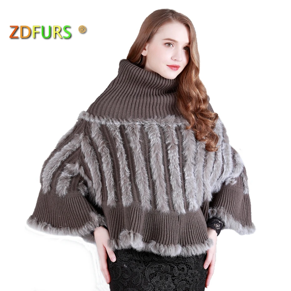

ZDFURS * autumn and winter female fur cape turtleneck knitted rabbit fur shawl fur cloak outerwear rabbit fur poncho ZDKR-165011