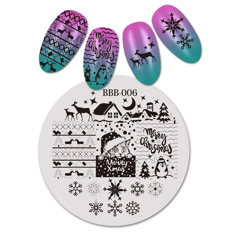 BeautyBigBang круглые пластины для штамповки ногтей Рождественский подарок Снежинка изображение пластины для дизайна ногтей Шаблон трафарет для ногтей BBB-010 - Цвет: BBB006