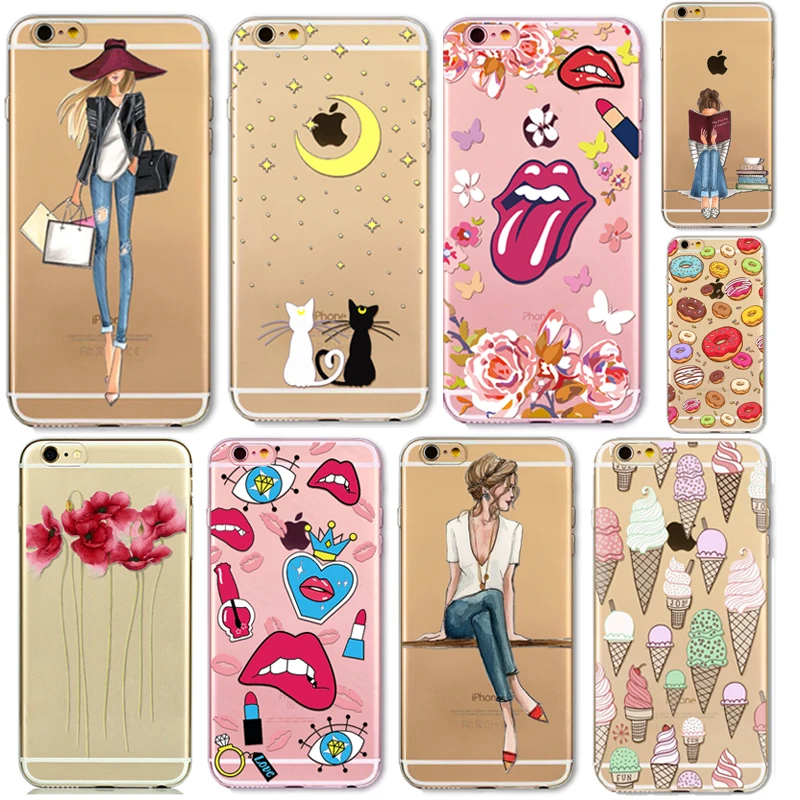 I6 6s Soft TPU Silicon Girls Sexy lips ice cream Patterned Cases for iPhone 6 6Plus 5S Transparent Clear Back Case Cover Capa |