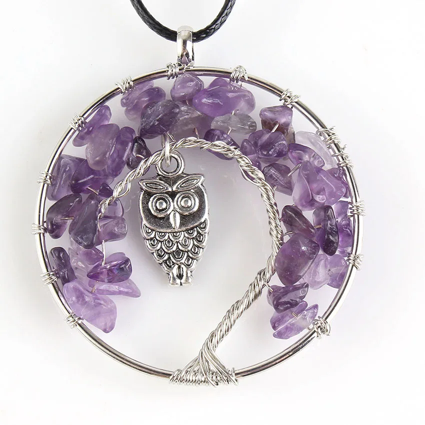 

100-Unique 1 Pcs Charm Silver Plated Natural Purple Amethysts Crystal Winding Tree of Life with Owl Pendant Fashion Jewelry