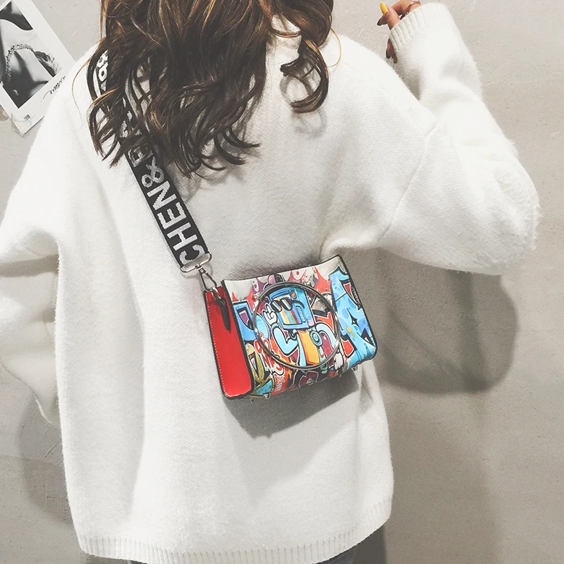 

Bag for women Ins small bag female new wave Korean version of the graffiti wide shoulder strap small bag fashion attractive