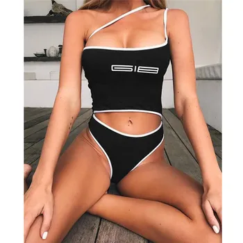 

Women's One-piece Swimsuit New One-shoulder Beach Letter Pattern Swimwear Brazilian Bathing Suit Monokini Padded Push Up Bikini