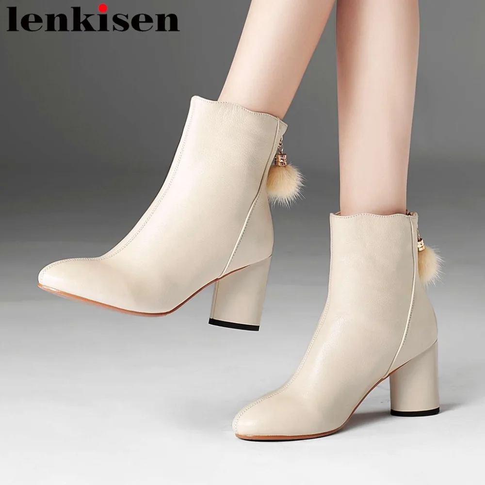 

2019 newest european superstars cow leather vintage square toe high heels mink fur decoration big size zipper mid-calf boots L01