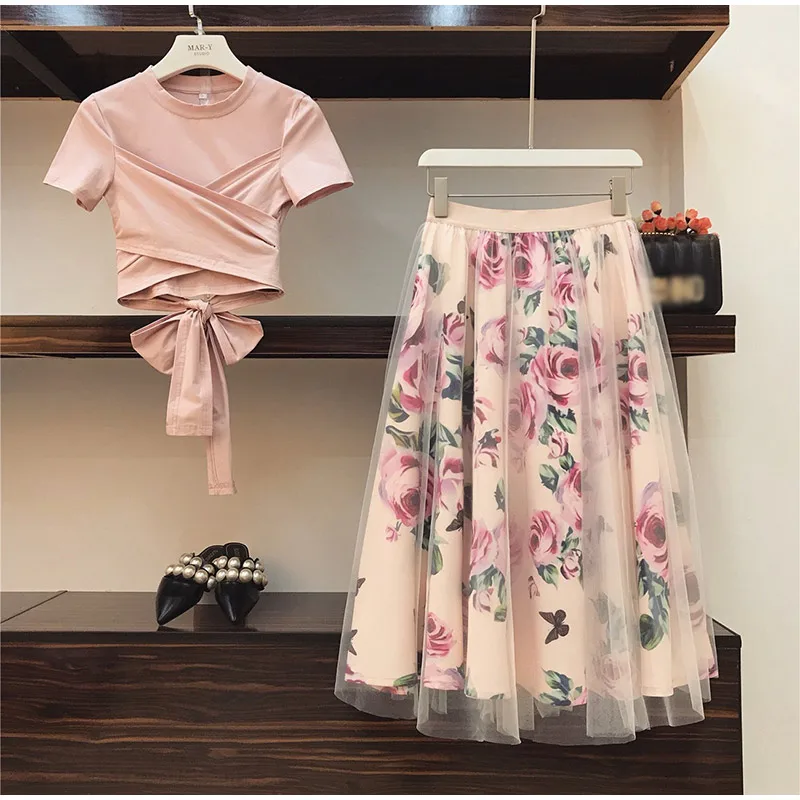 

Women's Mesh Floral Midi Skirt Irregular T-Shirt Suits Bowknot O-neck Solid Women Skirts Set 2019 Summer Vintage Female 2 Pieces
