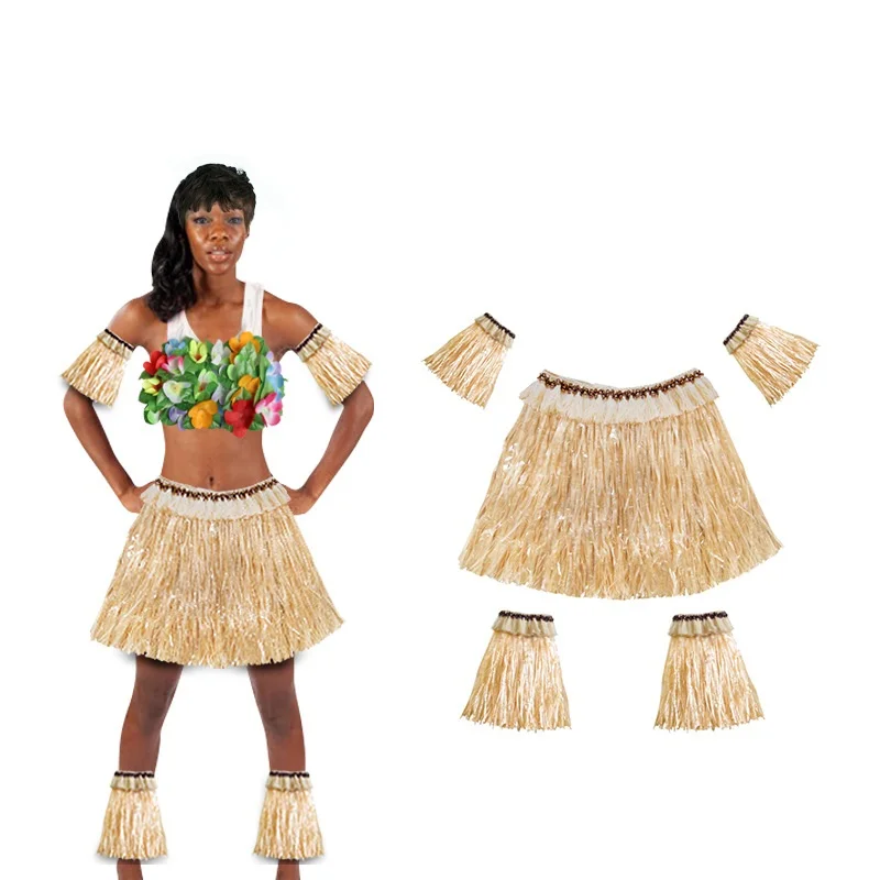 Юбка с гавайской травой костюм из пяти частей эластичный рукав ноги покрытие травы юбки танец хула костюм пляжный фестиваль вечерние украшения