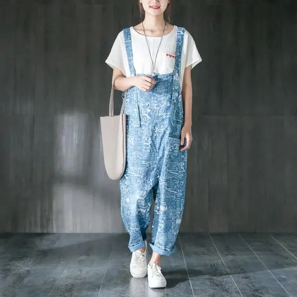 Buykud Cartoon Print Denim Jumpsuit Romper Women Summer Casual Loose Overall Holiday Ankle Length Wide Leg Pants Female Dungaree (2)