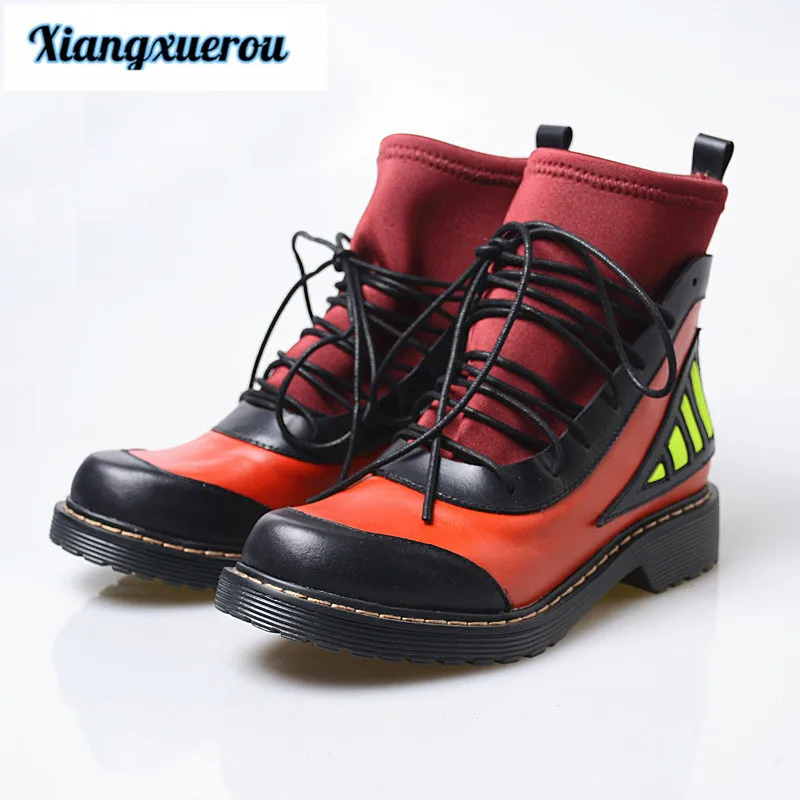 

Xiangxuerou 2018 autumn winter thin leg stretch boots thick with show thin spell color casual short boots