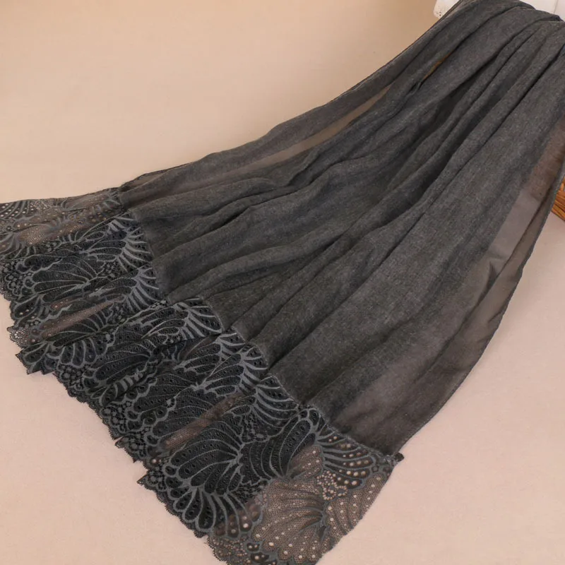 Высококачественный Элегантный женский хлопковый шарф с цветочной вышивкой, кружевной Шелковый шарф для свадебной вечеринки, мусульманские хиджабы, шарфы YS431 - Цвет: Black Gray