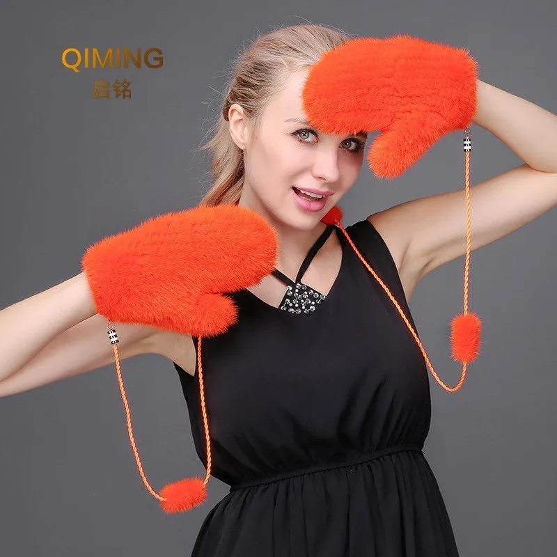 Mink Fur Orange Gloves Women Winter New Korean Version Of The Warm Cute Female Suede Weaving Fingers Fur Gloves