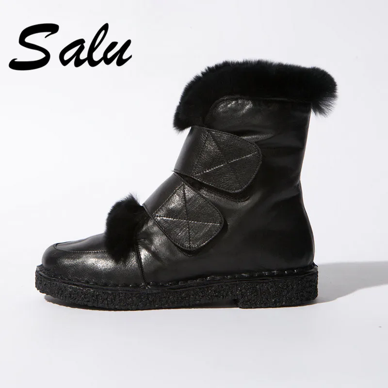 

Salu 2019 new winter Genuine leather fur ankle boots slip on flat snow boots warm plush fashion shoes ladies women