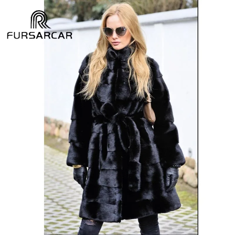 FURSARCAR черный натуральный мех норки пальто с мехом женские зимние 100 см Длина шуба