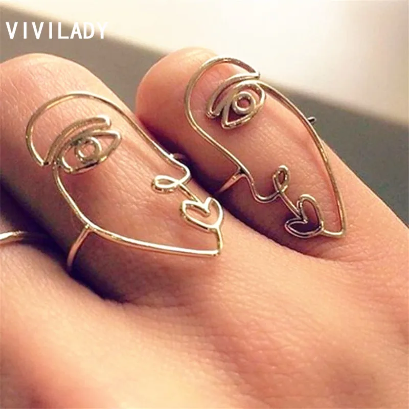 

VIVILADY Creatived Minimalist Style Handmade DIY Face Shape Women Rings Chic Gold Silver Color Alloy For Lady Holiday Bijoux