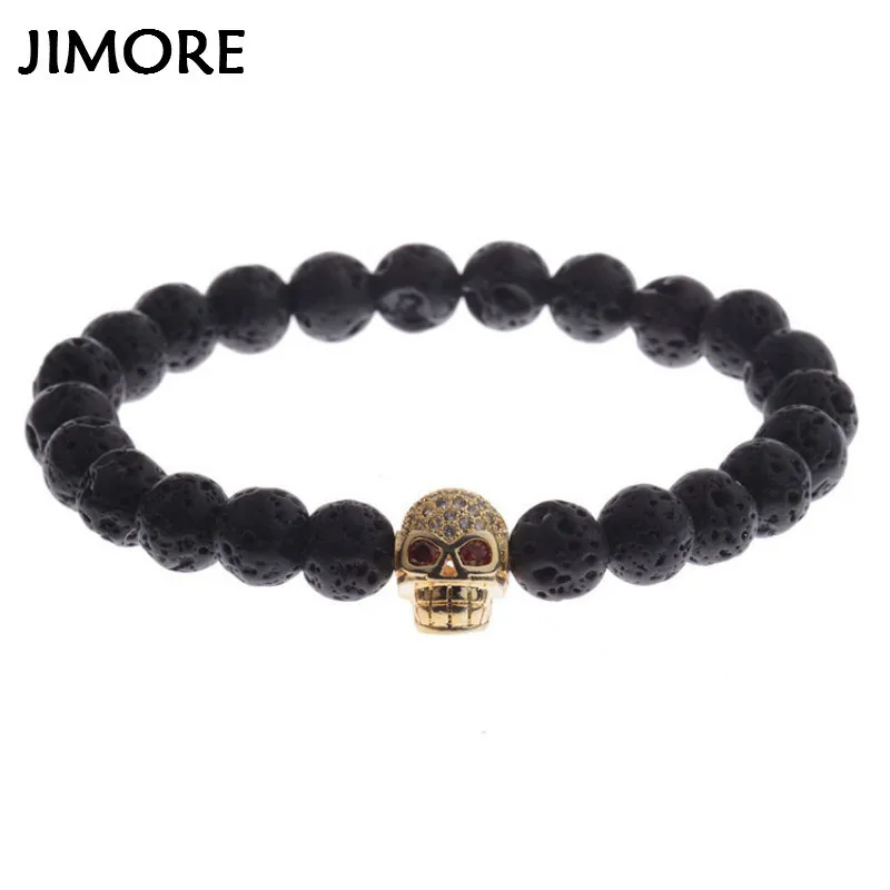 [JIMORE] Alloy Skull Head Bead Mens Bracelets 2017 New Hand Jewelry Black Lava Stone for Women Elastic Bracelet ANN781 | Украшения и
