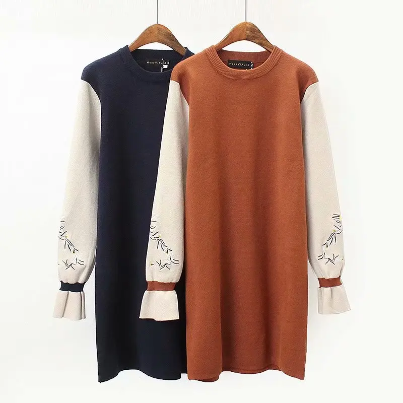 

Plus size Patchwork Butterfly sleeve women long pullovers sweater dress 2019 spring Embroidery O-neck knitted ladies sweaters