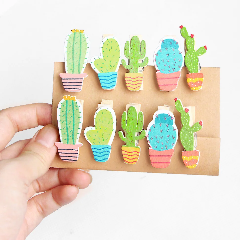 

10 pcs/pack Cactus Wooden Clip Photo Paper Craft DIY Clips with Hemp Rope