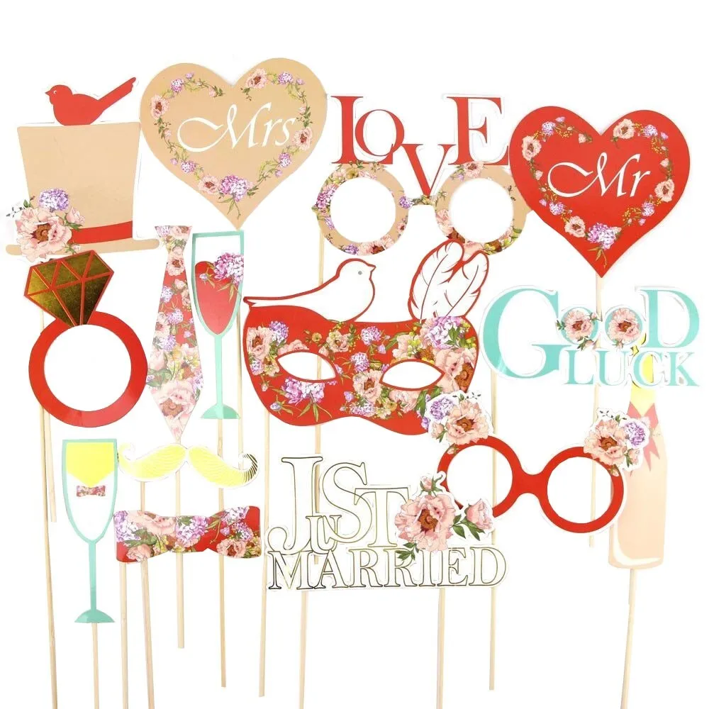 

Red 15pcs Wedding Photo Booth Props Kit with Gold Sparkly Edge Holiday Song Lyric Photo Props on a Stick Wedding Signs