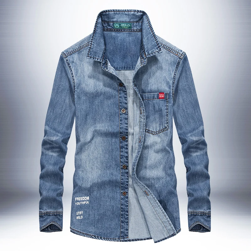 Icpans Blue Denim Jeans Shirts Men Long Sleeve Vintage