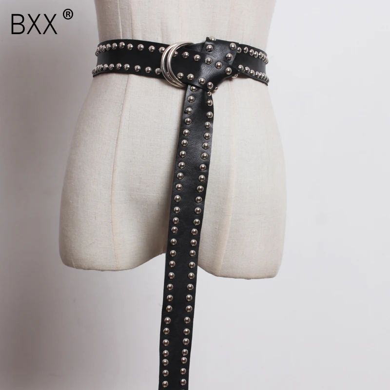 

[BXX] 2019 Spring Summer Woman New Personality Black Color Spliced Rivet Adjustable Soft PU Leather Waistbelt LM156
