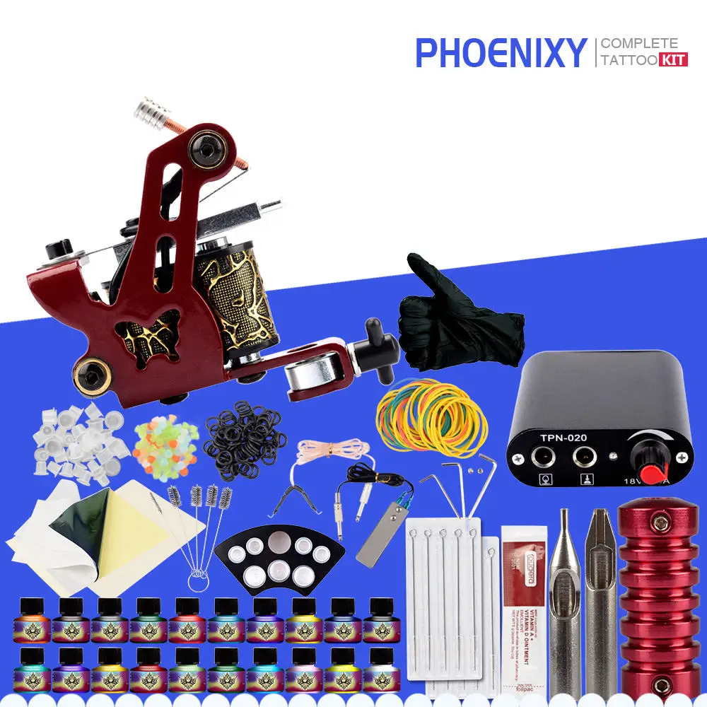 

Complete Tattoo Kit One Machine Set Black Power Supply Needles Permanent Make Up Beginner Tattoo Kit 20Pcs Pigment Make up Set