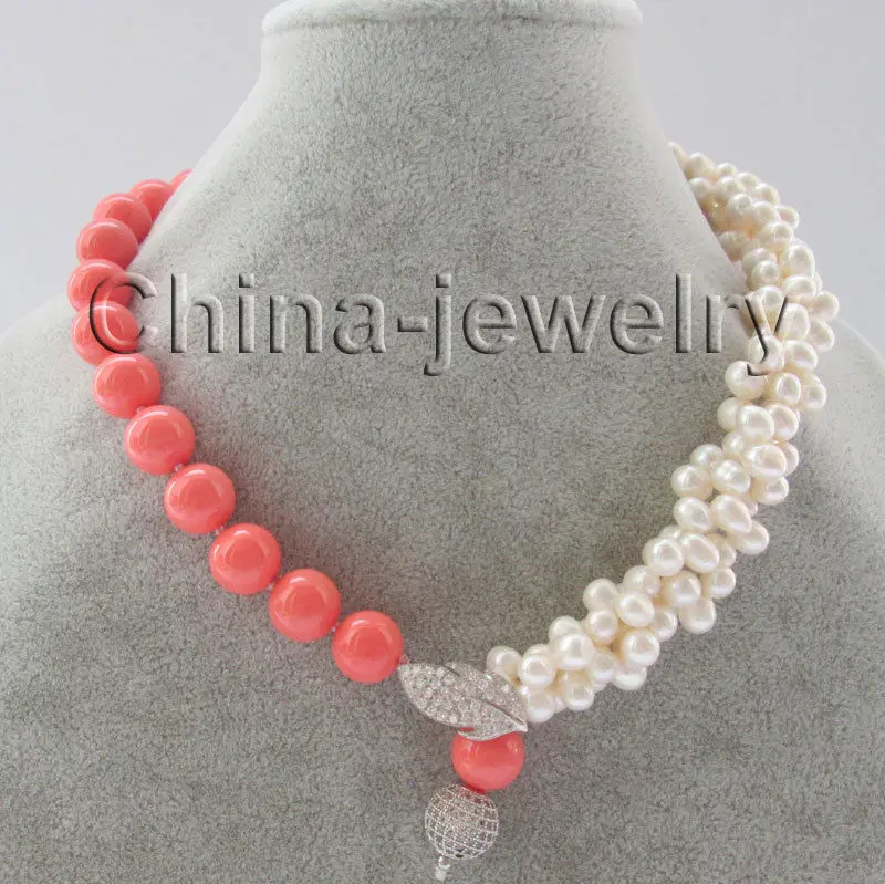 

Wholesale FREE SHIPPING > 18" 3row 7-8mm white freshwater pearl &12mm pink south sea shell pearl necklace