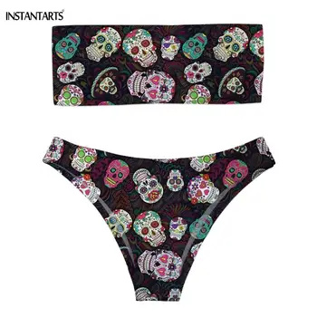 

INSTANTARTS Trendy Sugar Skull Pattern Female Summer Bikini Set Push Up Bandeau Swimming Suits Strapless Bathing Beachwear Woman