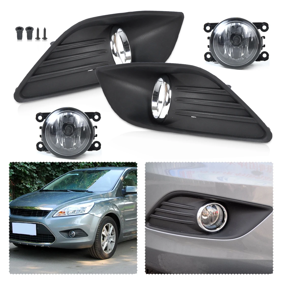 

DWCX Front Lower Left Right Bumper Fog Light Grille Cover + Fog Lamp Kit for 2009 2010 2011 Ford Focus Sedan 4 Door