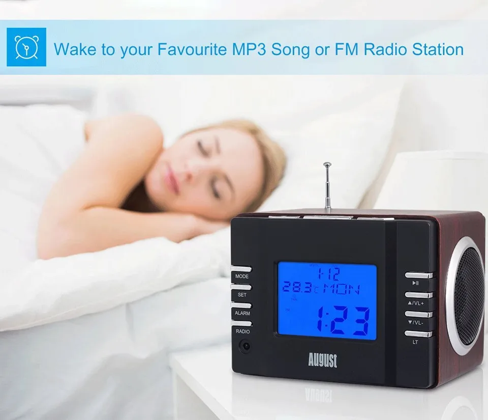 August MB300B деревянная мини стереосистема MP3 и FM радиочасы с SD картридером разъемами