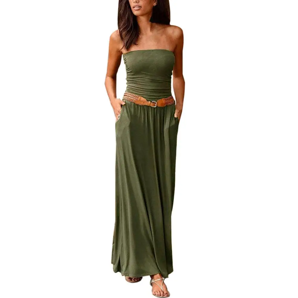 

2019 New Style Womens Bandeau Holiday Off Shoulder Long Dress Ladies Summer Solid Maxi Dress Long Sexy Clubwear