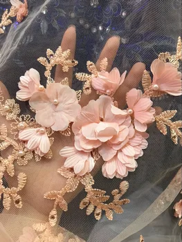 

Hot sale 3D flower lace fabric french tulle laces with beaded lace fabric in wedding and party in top quality