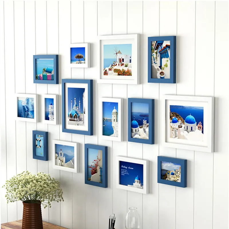 

Mediterranean Photo Frame 15pcs/set Quality Solid Wood Frames Combination on the Wall Decorative Picture Frame moldura para foto
