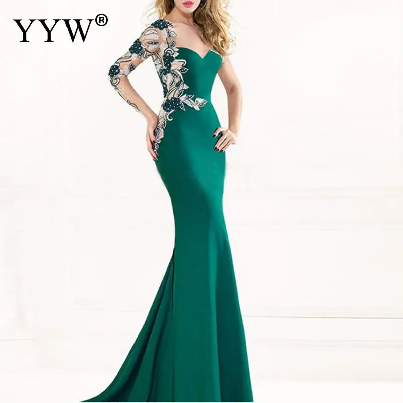 

2019 Elegant Green Applique Mermaid Robe De Soiree For Wedding Women Evening Prom Gown One Shoulder Sexy Club Party Long Dress