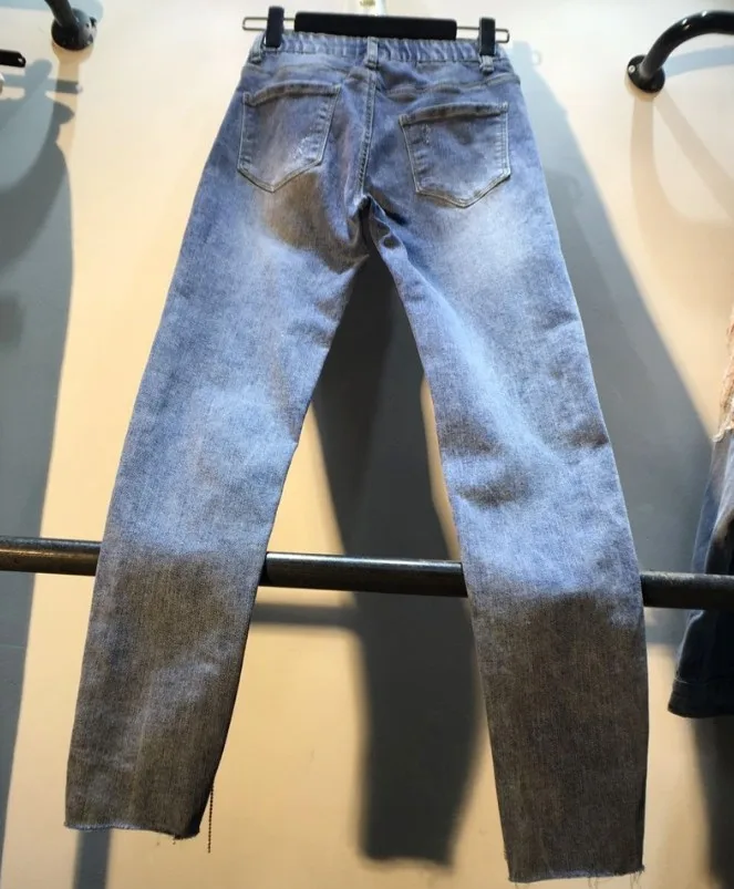 Европейский весенняя одежда Тяжелый жемчуг бахромой Алмаз джинсы для женщин брюки девочек для Высокая талия тонкий Джинс