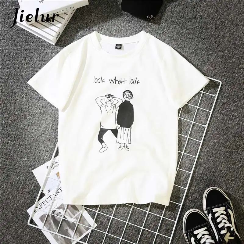 Jielur Новые летние женские футболки Harajuku BF напечатанные буквы Забавный с круглым вырезом женские футболки с короткими рукавами свободные топы женская майка s-xxl - Цвет: Белый