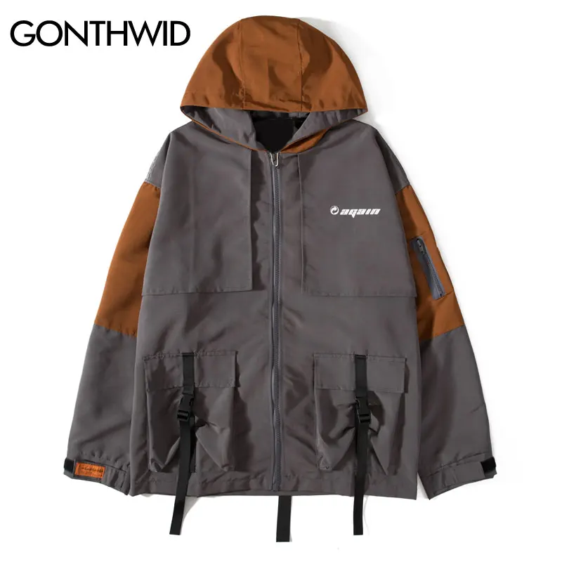 GONTHWID/ветровка с капюшоном, с пряжкой, карманами и лентами, с цветными вставками,, хип-хоп, на молнии, спортивная куртка, пальто, уличная одежда
