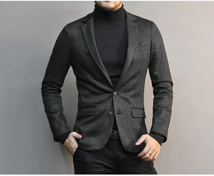 Autumn Winter New Woolen Slim Casual Men Black Striped Suit Business Gentleman British Style Brand Suit for Men Wedding Blazer