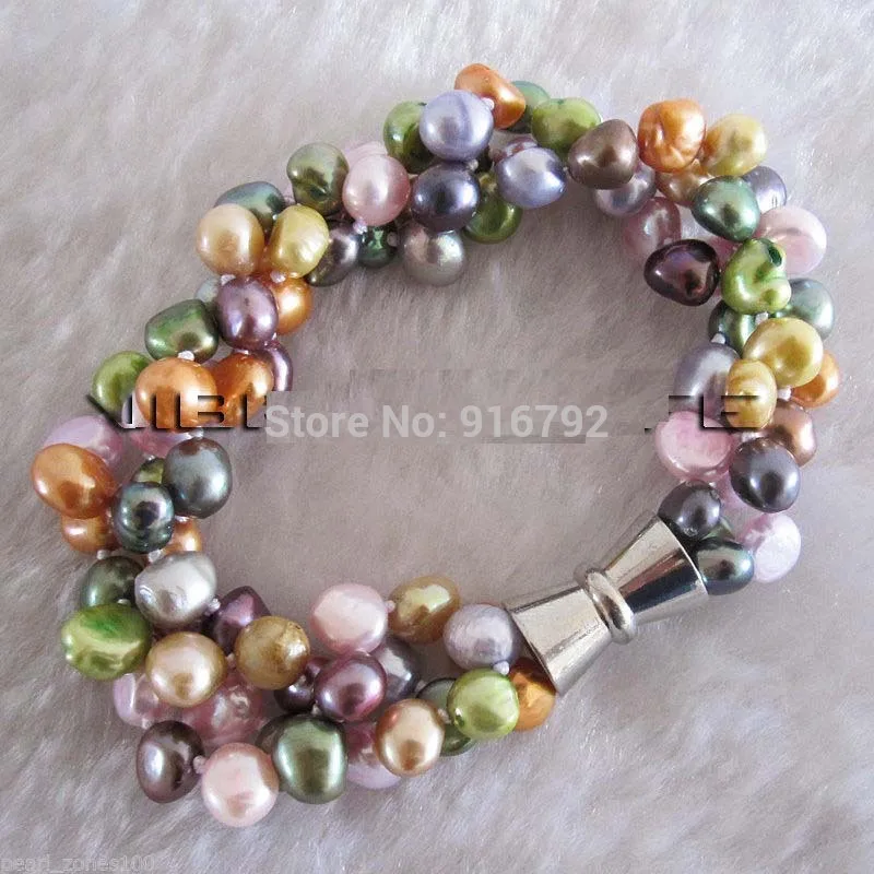 

free P&P >>>>>8" 7-8mm Multi Color 3Row Freshwater Pearl Bracelet Jewelry