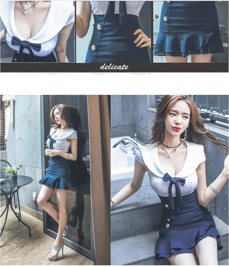 Vestidos,, Южно-корейский стиль, сексуальная униформа для ночных клубов, Темно-Синяя Униформа, цветное платье с отворотом, бантом и воланом