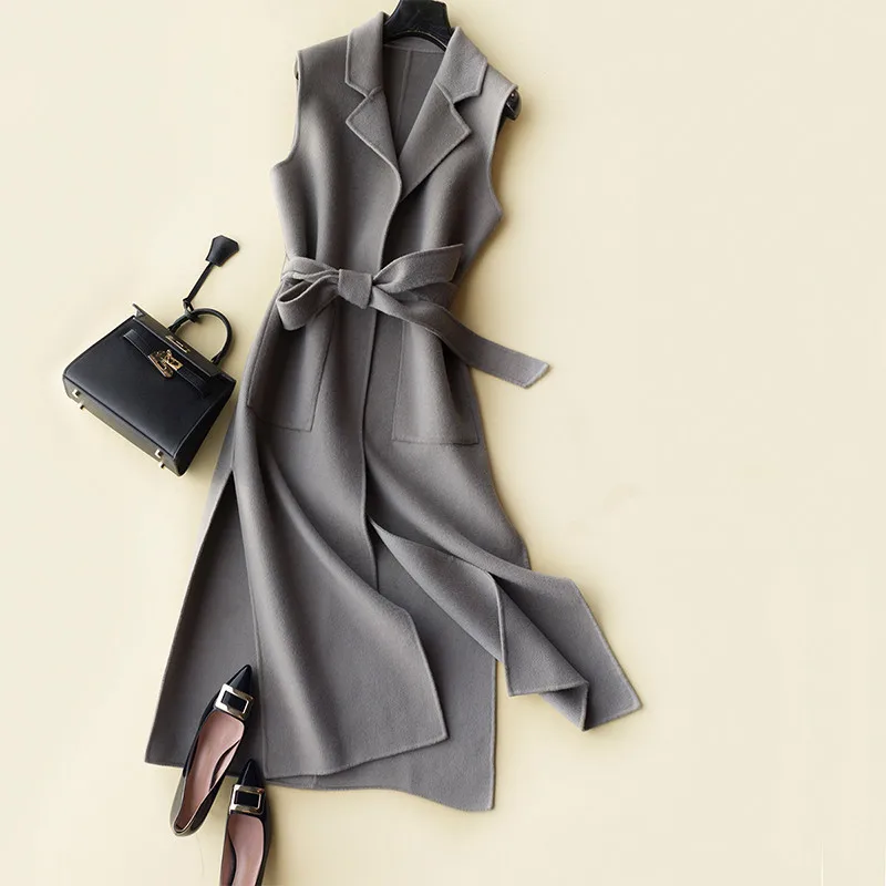AYUNSUE 2018 Autumn Winter Women's Vest Wool Coat Female Long Vests With Belt Waistcoat for Women jaqueta feminina WYQ1231